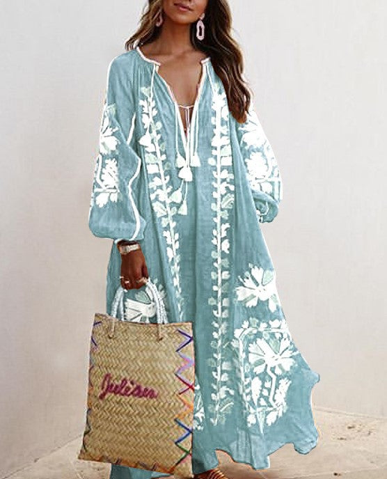 Autumn New V-neck Long-sleeved Printed Long Loose Dress