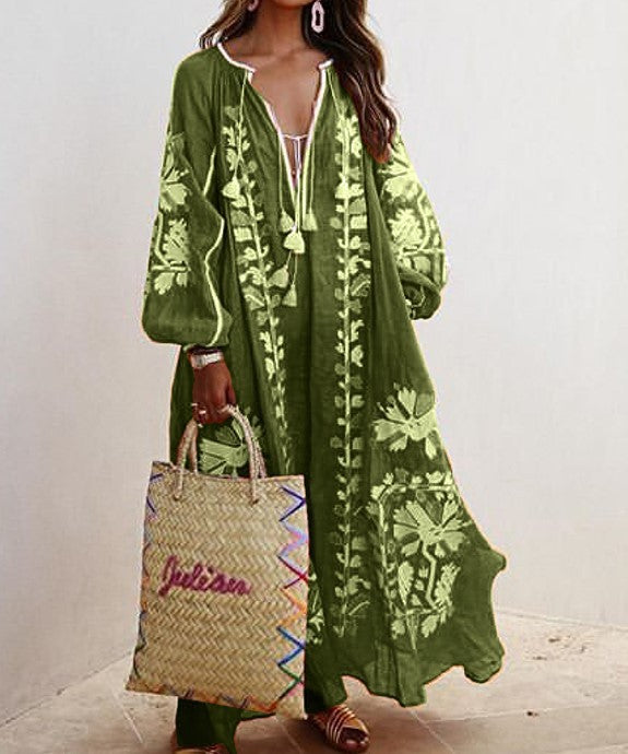 Autumn New V-neck Long-sleeved Printed Long Loose Dress