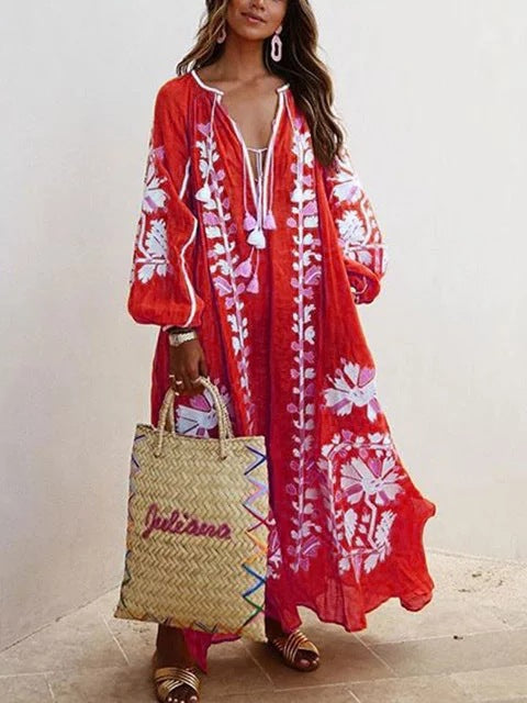 Autumn New V-neck Long-sleeved Printed Long Loose Dress