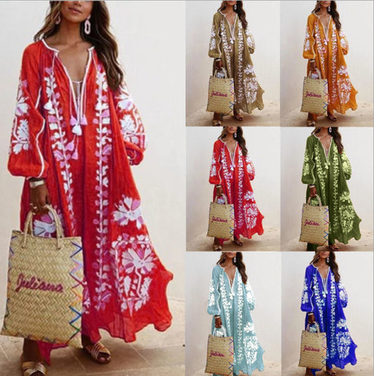 Autumn New V-neck Long-sleeved Printed Long Loose Dress