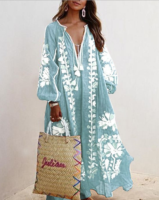 Autumn New V-neck Long-sleeved Printed Long Loose Dress