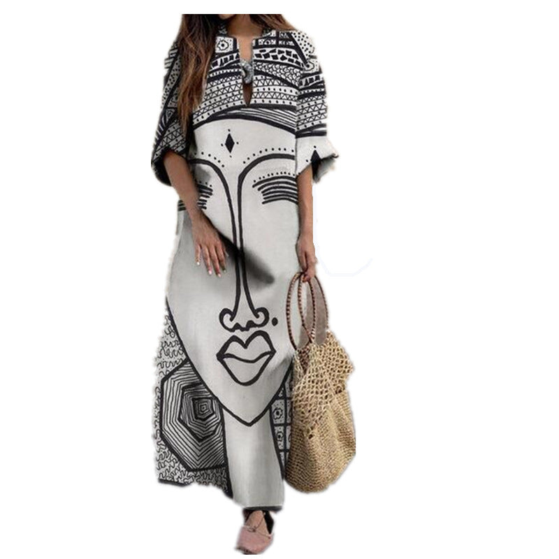 Art Black and White Print Spring and Summer New Women's Fashion Face Print Loose Large Size Dress