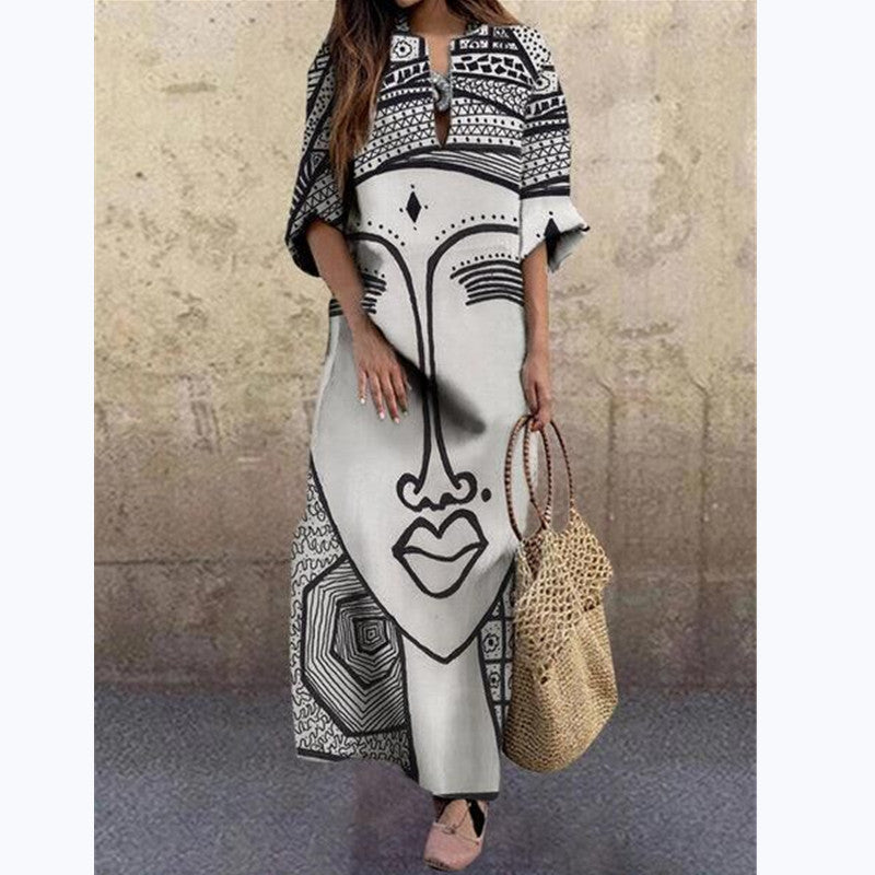 Art Black and White Print Spring and Summer New Women's Fashion Face Print Loose Large Size Dress