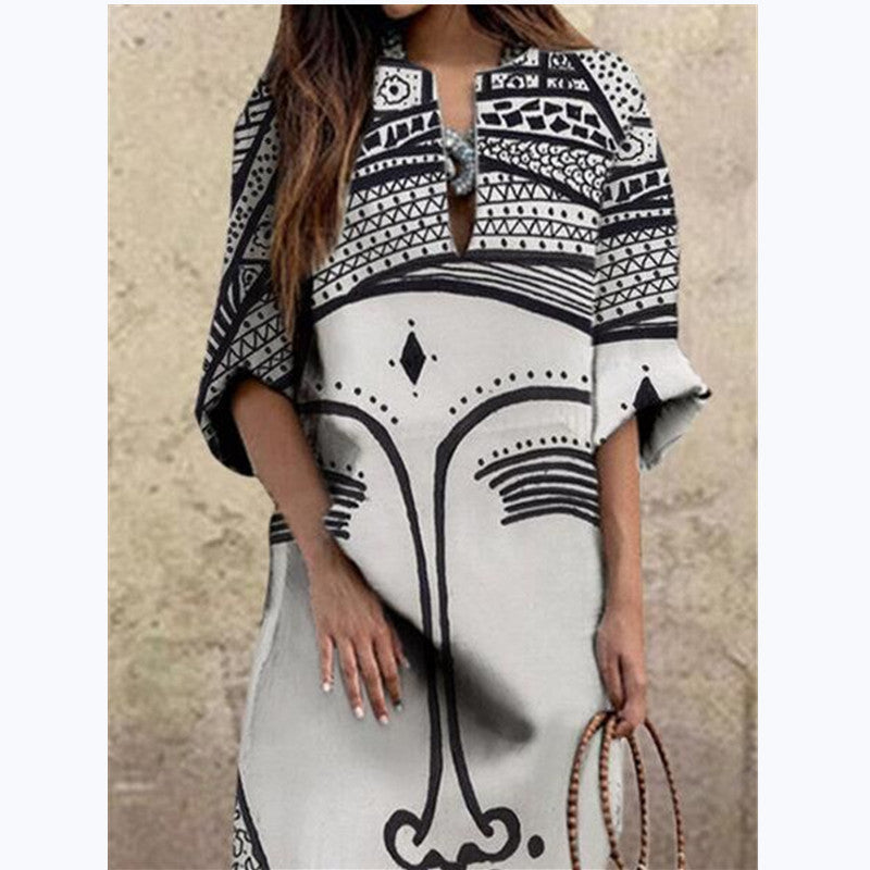 Art Black and White Print Spring and Summer New Women's Fashion Face Print Loose Large Size Dress