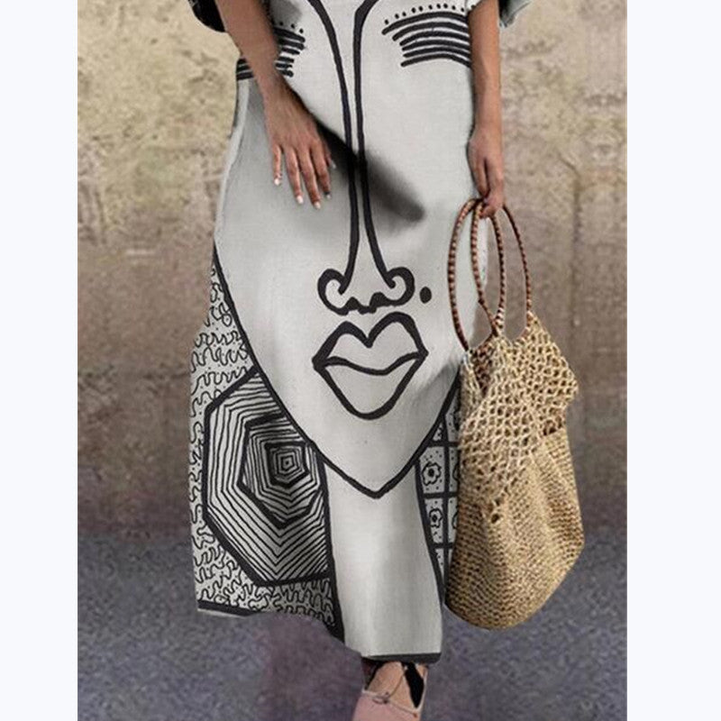 Art Black and White Print Spring and Summer New Women's Fashion Face Print Loose Large Size Dress