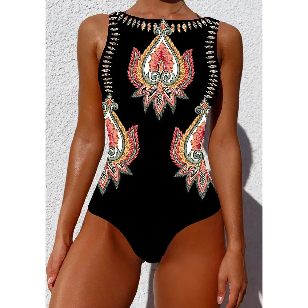 New Printed One-piece Swimsuit Classic Printed Lace Up Swimsuit Women's Push Up Flower One-piece Suit Beach Wear For Female