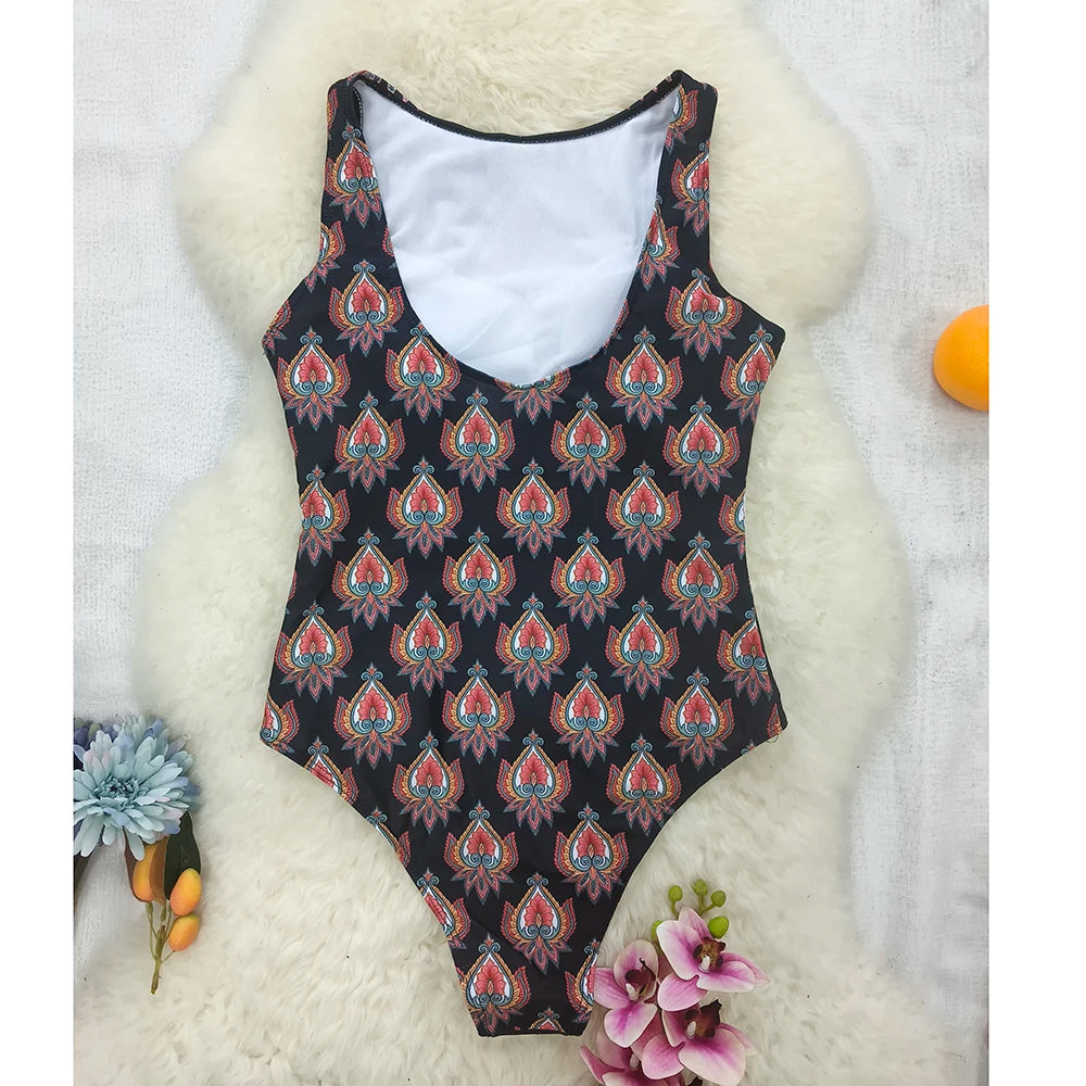 New Printed One-piece Swimsuit Classic Printed Lace Up Swimsuit Women's Push Up Flower One-piece Suit Beach Wear For Female