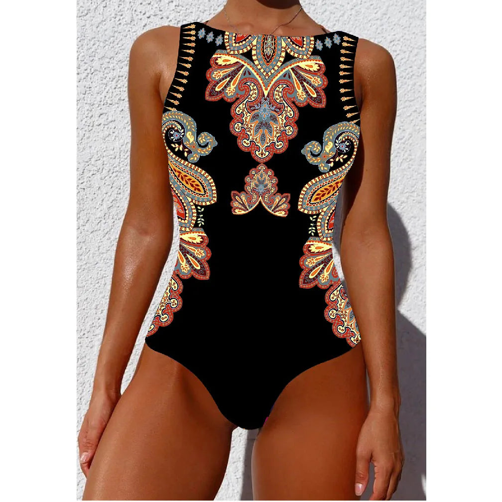 New Printed One-piece Swimsuit Classic Printed Lace Up Swimsuit Women's Push Up Flower One-piece Suit Beach Wear For Female