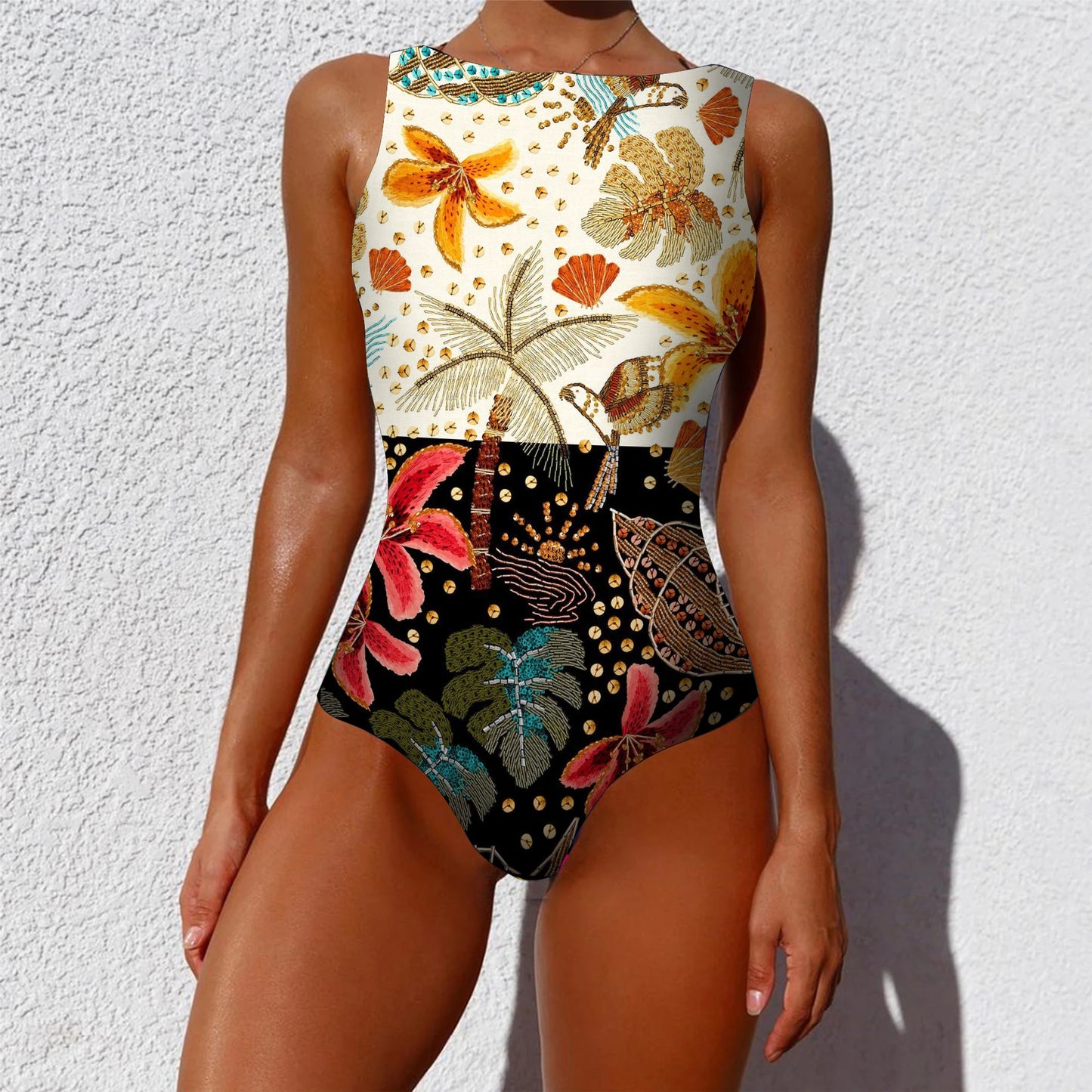 New Printed One-piece Swimsuit Classic Printed Lace Up Swimsuit Women's Push Up Flower One-piece Suit Beach Wear For Female