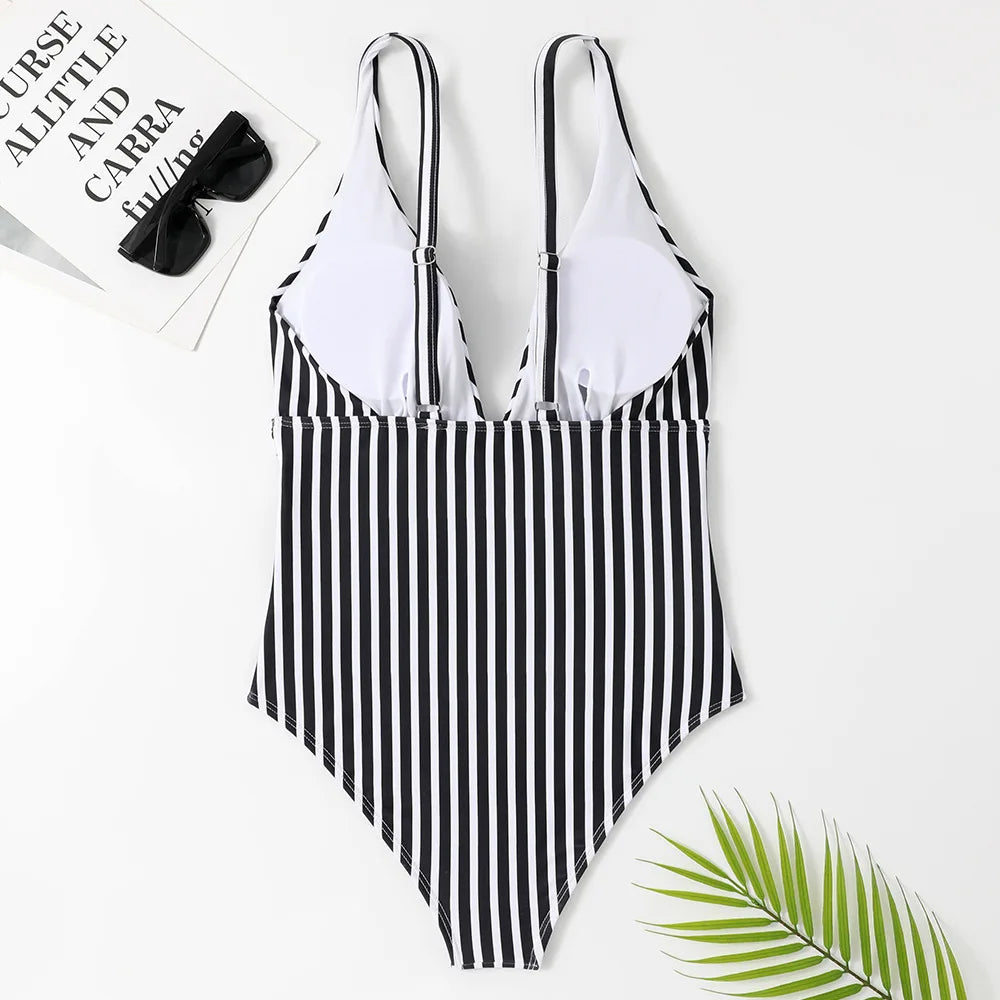 2023 New Striped One Piece Swimsuit Vintage Swimwear Women V-neck Bathing Swimming Suit Female Summer Beachwear Bodysuit