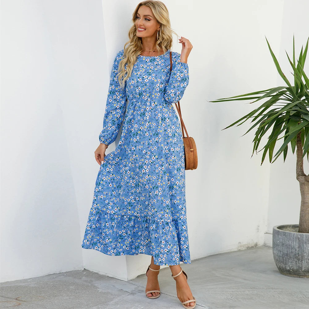 2023 Sping Summer Bohemian Women Maxi Dress Casual Long Sleeve High Waist Beach Woman Chiffon Dresses Floral Vestidoes Mujer New