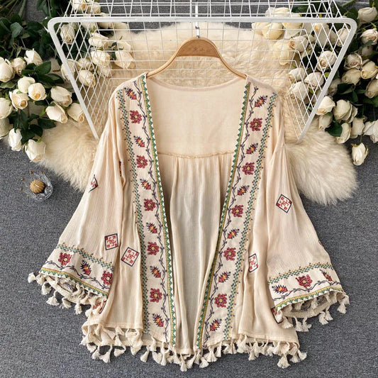 2023 Summer Women's Shirt Bohemian Holiday Style Embroidered Tassel Chiffon Cardigan New Waist Female Slim Short Tops E015