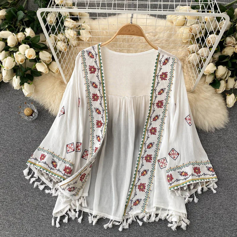 2023 Summer Women's Shirt Bohemian Holiday Style Embroidered Tassel Chiffon Cardigan New Waist Female Slim Short Tops E015