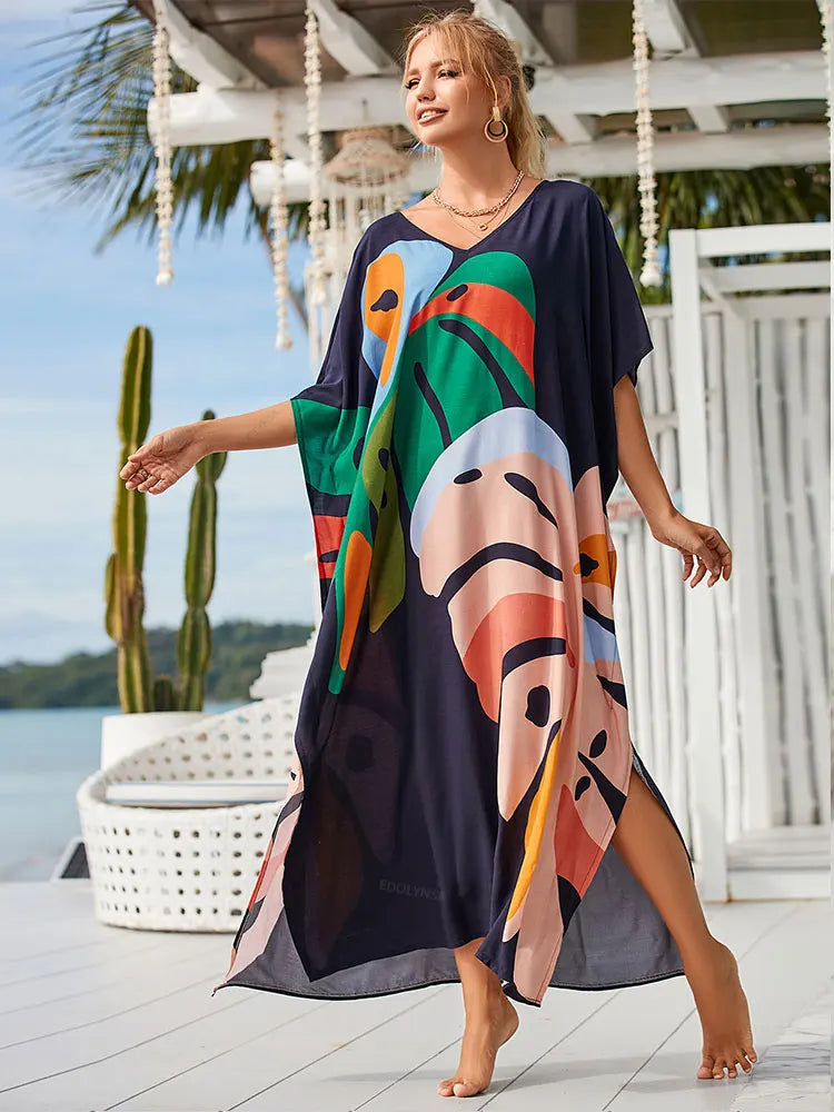 2024 Boho Printed Kaftan Summer Clothing Women Plus Size V-Neck Batwing Sleeve Beachwear Cover-ups Maxi Dress Robe Sarong Q1476