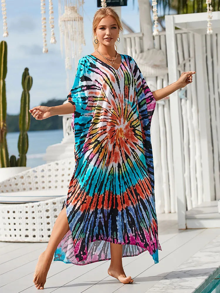 2024 Boho Printed Kaftan Summer Clothing Women Plus Size V-Neck Batwing Sleeve Beachwear Cover-ups Maxi Dress Robe Sarong Q1476