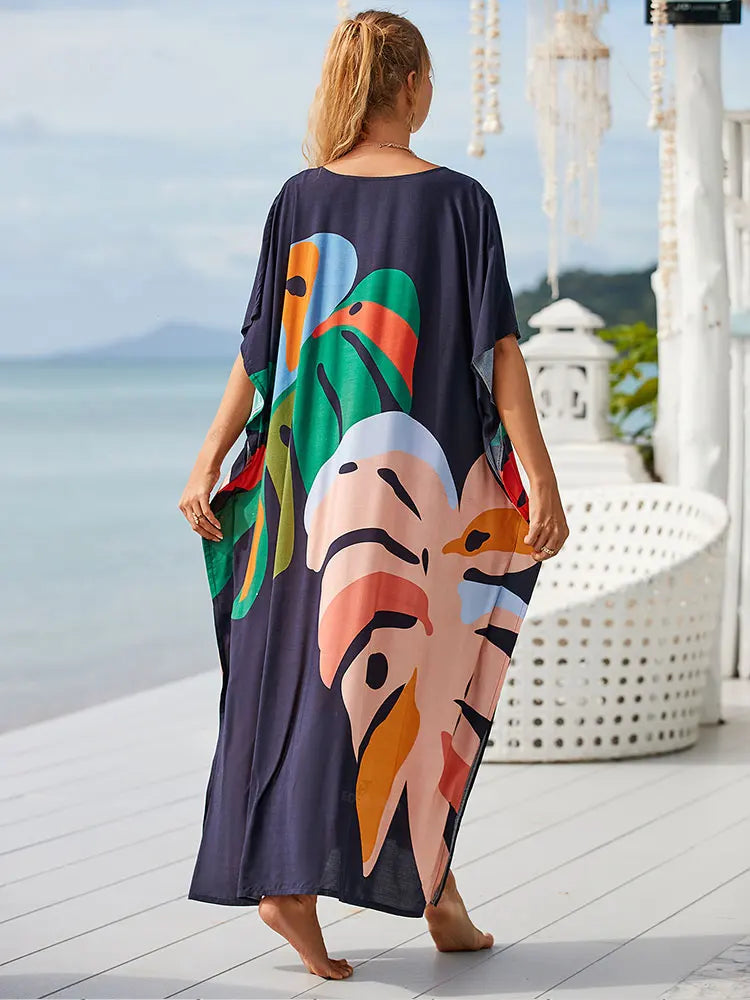 2024 Boho Printed Kaftan Summer Clothing Women Plus Size V-Neck Batwing Sleeve Beachwear Cover-ups Maxi Dress Robe Sarong Q1476