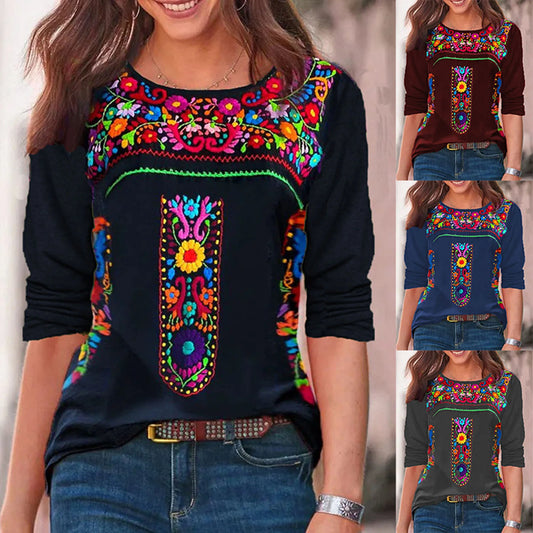 2024 Independent Station Spring/Summer New Women's Top with Bohemian Print V-neck Long sleeved T-shirt for Women