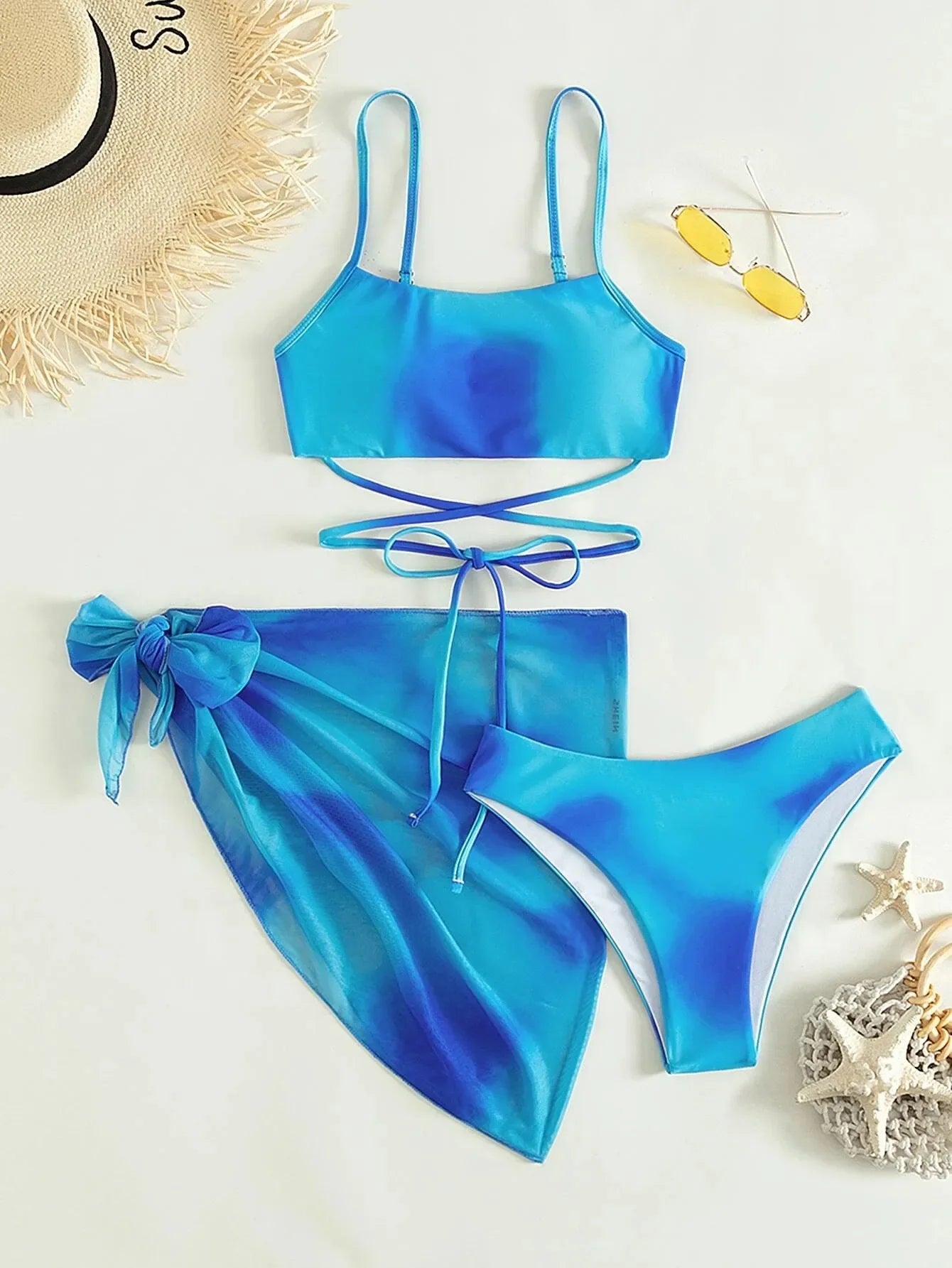 2024 New Women Tie Dyed Split Bikini Sexy Hip Lifting Mesh Gradient Beach Three Piece Set Cross Swimwear Girl