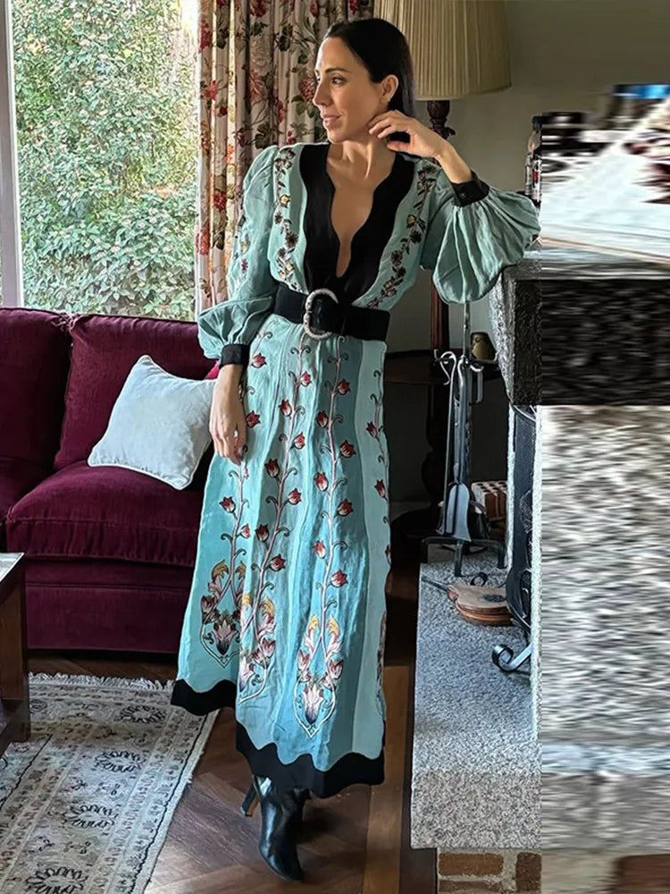 2025 New In Patchwork Print Maxi Dress For Women Elegant Long Lantern Sleeve Chic Floral Long Dress Female Beach Party Vestidos