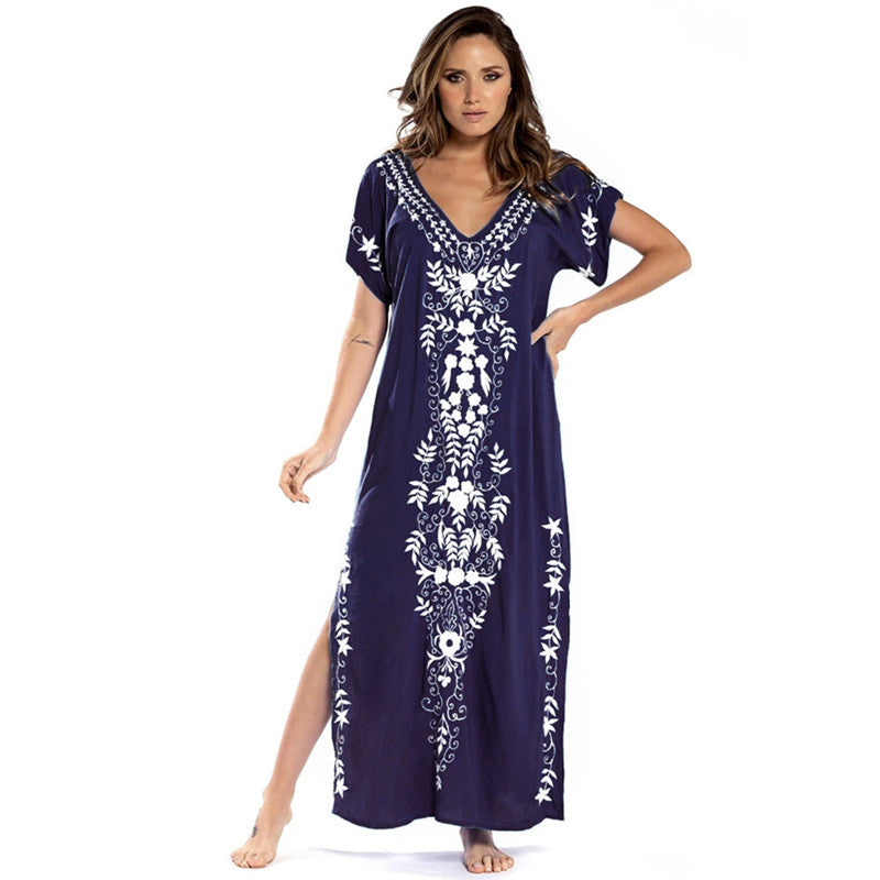 Artificial Cotton Embroidered Beach Cover Up, Long Robe Style Embroidered Dress, Beach Bikini Sun Protection Cover Up