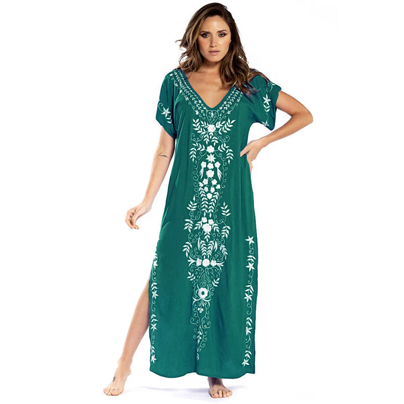 Artificial Cotton Embroidered Beach Cover Up, Long Robe Style Embroidered Dress, Beach Bikini Sun Protection Cover Up