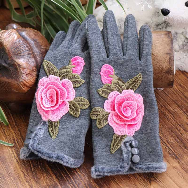 Ethnic Embroidery and Velvet Warm Embroidery Gloves Refer To Touch-screen Gloves and Velvet Cycling Five-finger Gloves