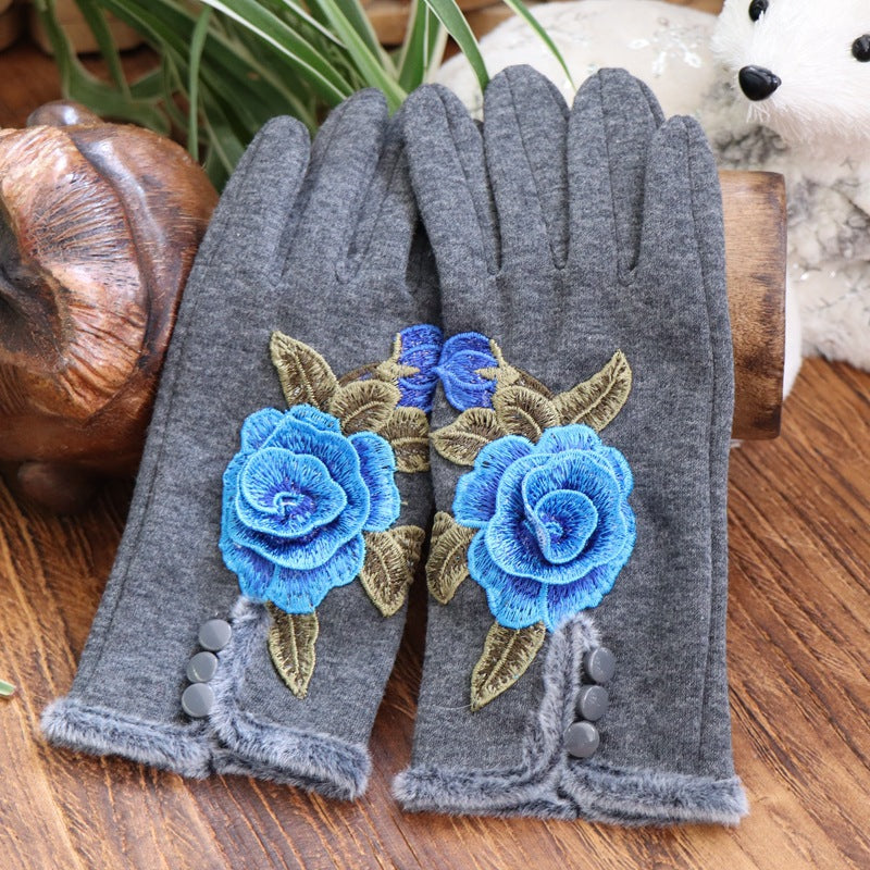 Ethnic Embroidery and Velvet Warm Embroidery Gloves Refer To Touch-screen Gloves and Velvet Cycling Five-finger Gloves