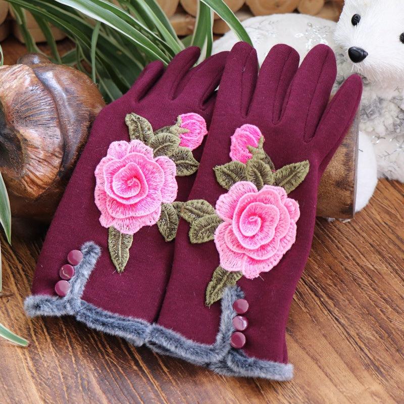 Ethnic Embroidery and Velvet Warm Embroidery Gloves Refer To Touch-screen Gloves and Velvet Cycling Five-finger Gloves