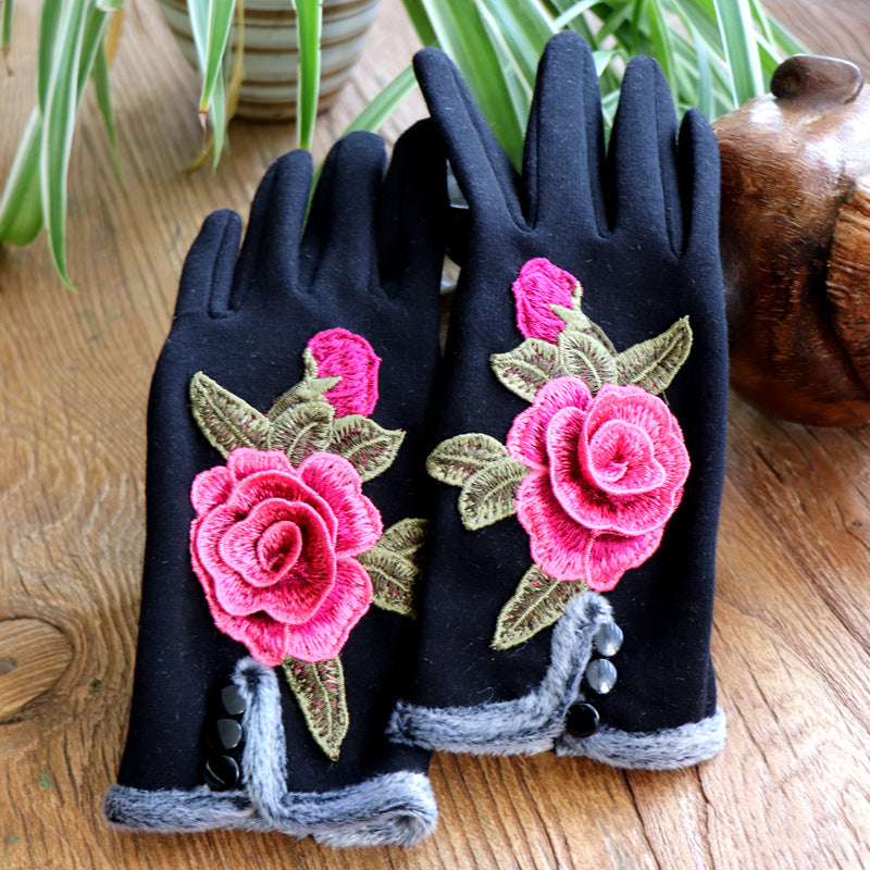 Ethnic Embroidery and Velvet Warm Embroidery Gloves Refer To Touch-screen Gloves and Velvet Cycling Five-finger Gloves