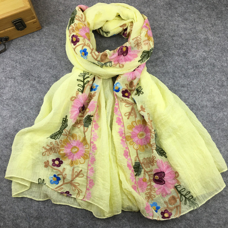 Embroidery Linen Flower Shawl Cotton and Linen Versatile Long Sunscreen Travel Scarf