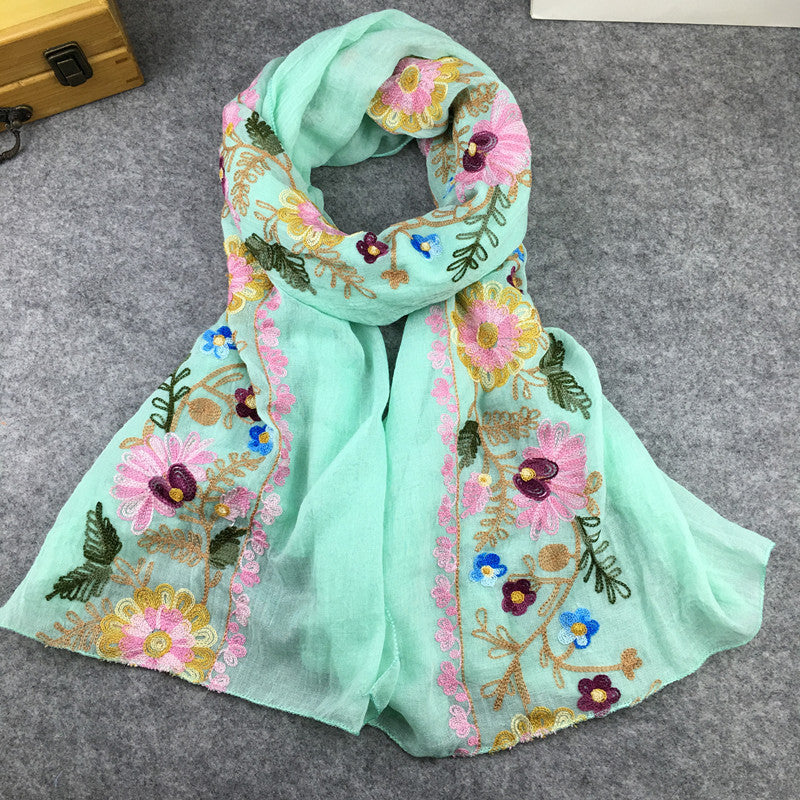 Embroidery Linen Flower Shawl Cotton and Linen Versatile Long Sunscreen Travel Scarf