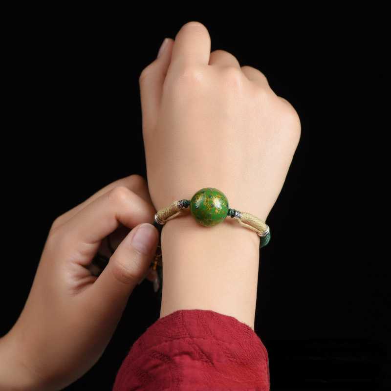 Big Lacquer Bead Bracelet Hand Rubbed Cotton Thread Tibetan Style Handwoven Hand Rope Buddha Bead Hand String Couple Bracelet