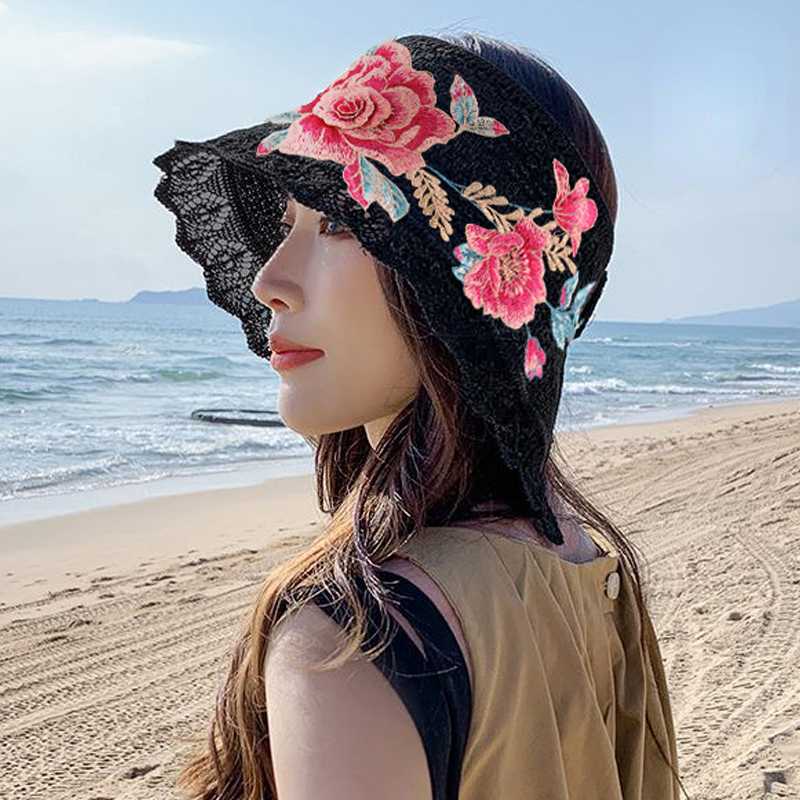 Spring and summer women's ethnic style embroidery cotton empty top beach hat sun protection face sun hat foldable sun hat