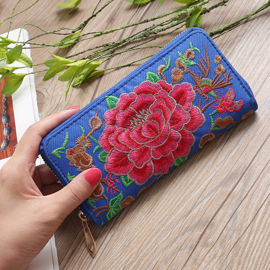 Ethnic Style Purse Single Female Handbag Embroidered Roses Large-capacity Card Bag with Mobile Phone Bag