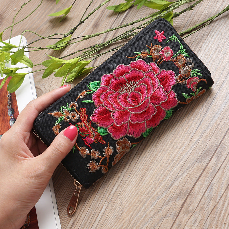 Ethnic Style Purse Single Female Handbag Embroidered Roses Large-capacity Card Bag with Mobile Phone Bag