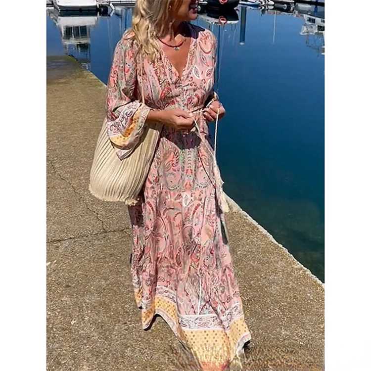 Summer New Bohemian Print V-neck Fashion Versatile Casual Style Large Swing Long Dress