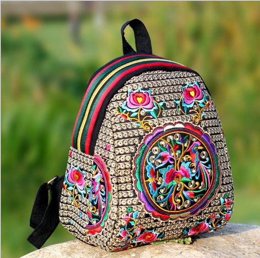 Ethnic Embroidery Bag Embroidered Canvas Shoulder Color Backpack