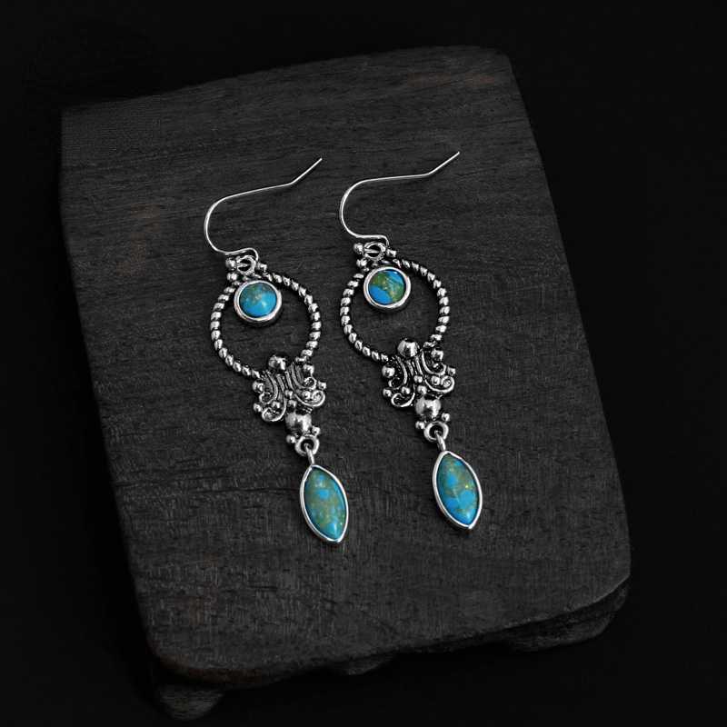 Blue Art Retro Style Turquoise Carved Earrings Elegant Temperament Ethnic Style Earrings