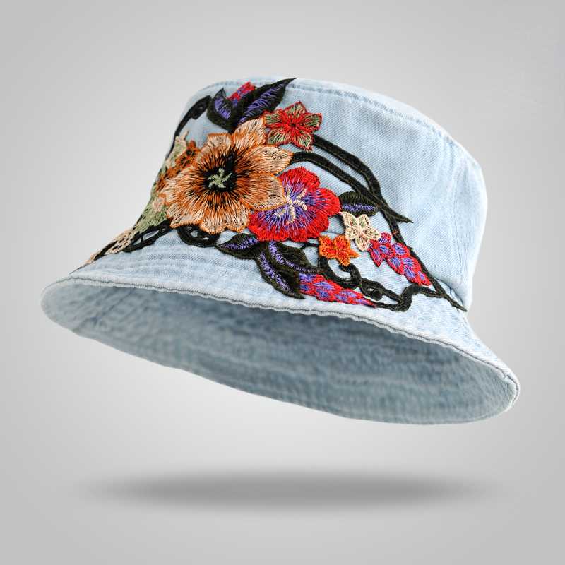 Fashion National Style Embroidered Denim Fisherman Hat Outdoor Sun Protection Travel Street Basin Hat.