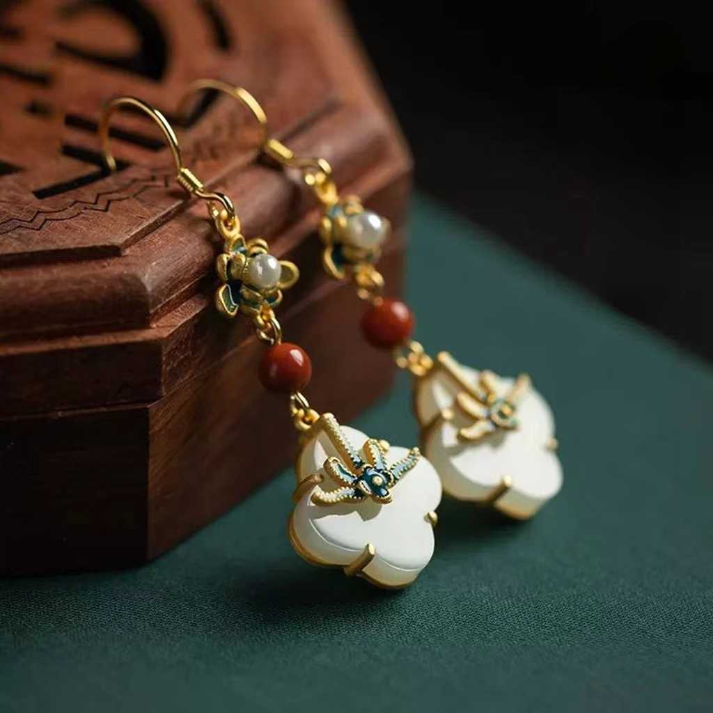 White Jade Clover S925 Silver Earrings with Oriental Classical Paintings, Southern Red Enamel Painted Earrings