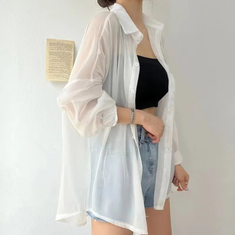 8 Colors Shirts Women Sheer Thin Chic Summer Simple Solid Sun-proof Temper Fashion Baggy All-match Basic Korean Style Clothes