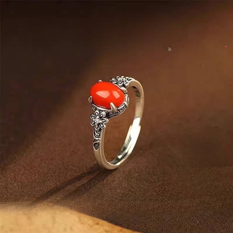Nanhong Agate Rose S925 Silver Ring Women's 2026 New Popular Niche Design Ethnic Style Index Finger Ring