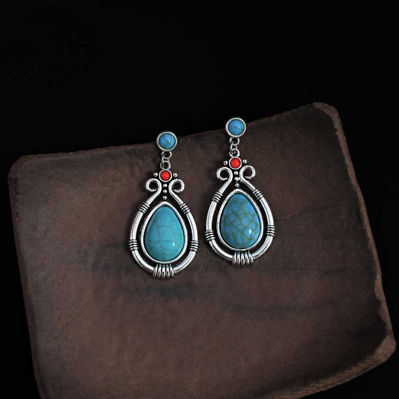 Tibetan Silver Art Retro Ethnic Style Turquoise Water Droplet Carved Earrings