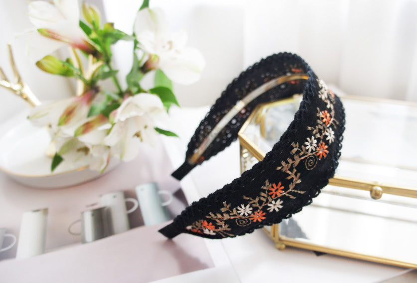 Fashionable Ethnic Style Embroidery Lace Headband Buckle, Rural Girl Style Suede Floral Fabric Headband Hair Accessories