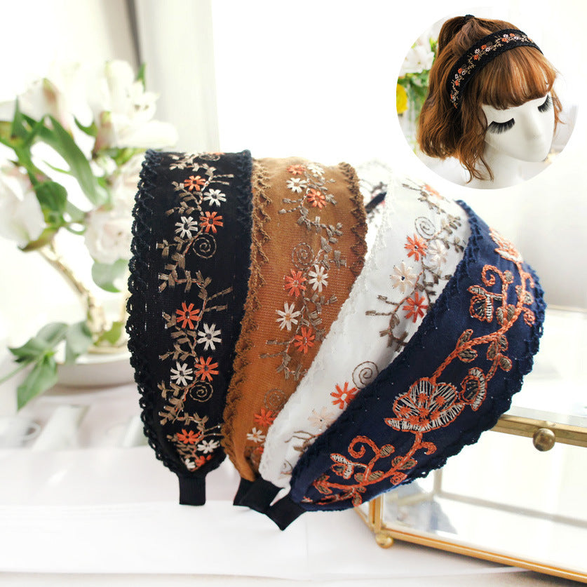 Fashionable Ethnic Style Embroidery Lace Headband Buckle, Rural Girl Style Suede Floral Fabric Headband Hair Accessories