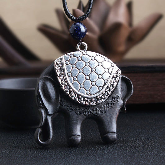 Versatile ethnic style retro black sandalwood elephant pendant with simple wax rope pendant