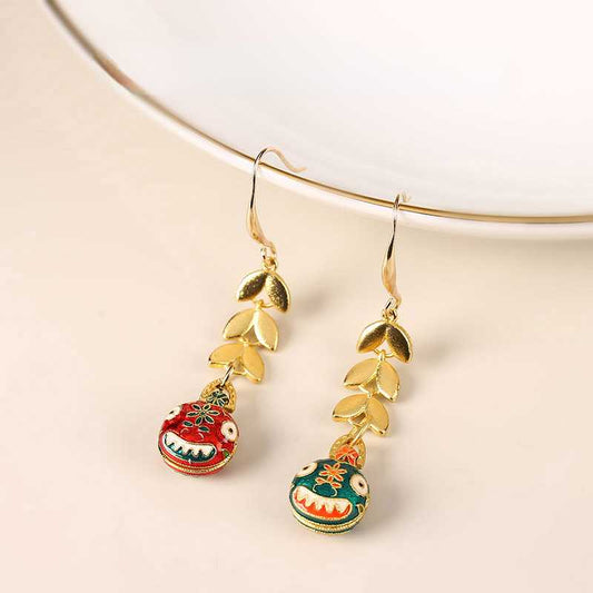 Swallowing Gold Beast New Year Earrings, Double Sided Cloisonne Earrings