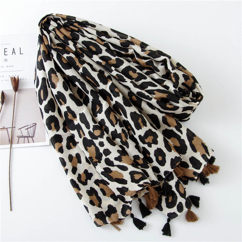 Classic Leopard Print Spring, Autumn, and Winter Long Versatile Cotton and Linen Scarf Dual Purpose Shawl