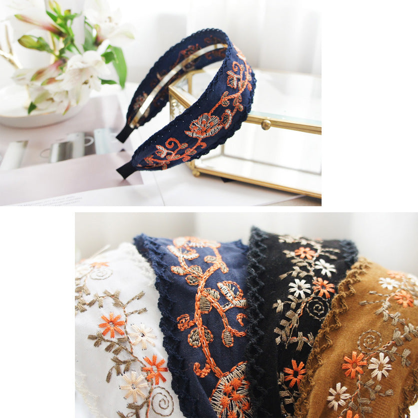 Fashionable Ethnic Style Embroidery Lace Headband Buckle, Rural Girl Style Suede Floral Fabric Headband Hair Accessories