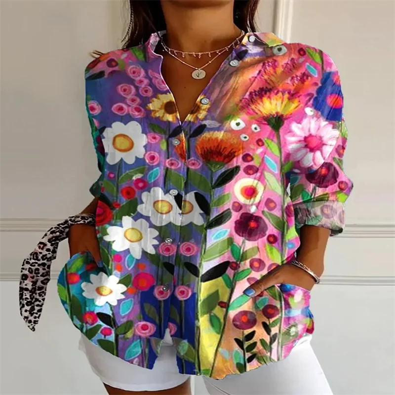 2025 New Retro Floral Art Print Casual Linen Shirt Fashionable Pretty Shirt Fast Shipping